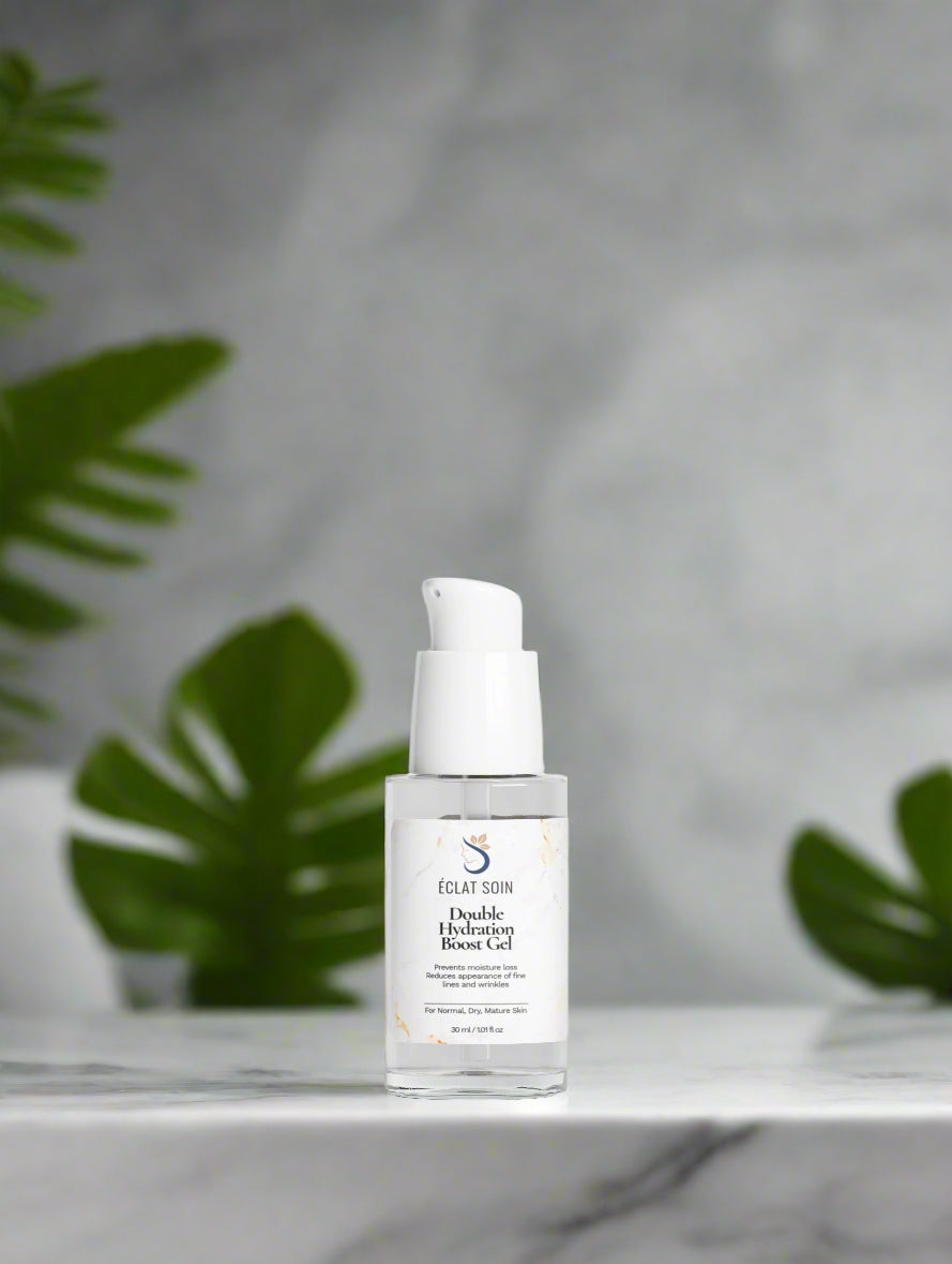 Eclat Soin Double Hydration Boost Gel in a clear bottle with a pump for intense moisture